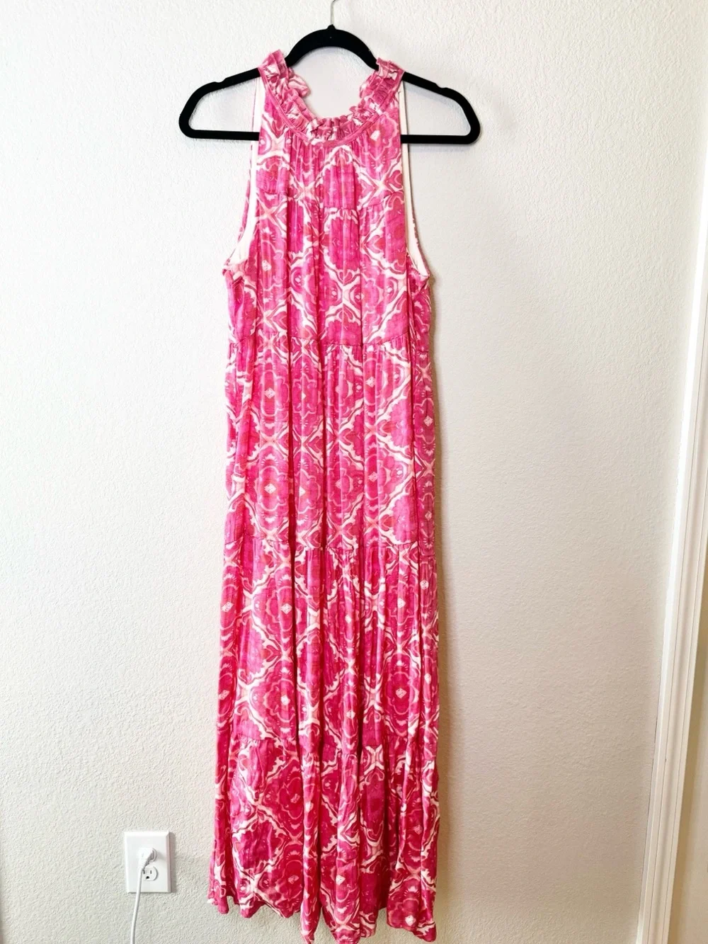 Indigo Soul Pink Floral Boho Tiered Maxi Dress Size Large
